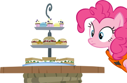 Size: 13845x9094 | Tagged: safe, artist:cyanlightning, pinkie pie, earth pony, pony, ppov, .svg available, absurd resolution, cucumber sandwiches, cupcake, food, sandwich, simple background, solo, table, transparent background, vector
