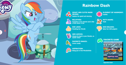 Size: 1400x721 | Tagged: safe, derpibooru import, rainbow dash, tank, winona, pegasus, pony, bio, my little pony, official, profile, rainbow power