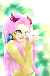 Size: 2260x3424 | Tagged: safe, artist:randyleighd, fluttershy, bird, butterfly, human, rabbit, clothes, cute, humanized, off shoulder, one eye closed, shyabetes, solo, sweater, sweatershy, wink