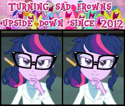 Size: 1000x850 | Tagged: safe, artist:aroddo, derpibooru import, edit, edited screencap, screencap, sci-twi, twilight sparkle, a friend in deed, equestria girls, rainbow rocks, evil grin, frown upside down, inverted mouth, scientist, smile song