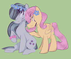 Size: 640x533 | Tagged: safe, artist:limestonepie, fluttershy, marble pie, pegasus, pony, duo, floral head wreath, flower, raised hoof, simple background