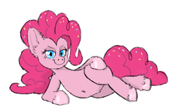 Size: 670x416 | Tagged: safe, artist:petea-copine, pinkie pie, earth pony, pony, belly button, fluffy, smiling, solo, sultry pose, unshorn fetlocks