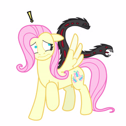 Size: 4024x4024 | Tagged: safe, artist:alcoholication, fluttershy, pegasus, pony, absurd resolution, exclamation point, fanfic, fanfic art, looking back, nervous, raised hoof, simple background, the darkness, white background