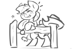 Size: 1001x692 | Tagged: safe, artist:leadhooves, applejack, earth pony, pony, bipedal leaning, fence, hat, monochrome, solo