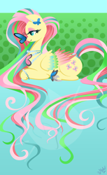 Size: 1173x1920 | Tagged: safe, artist:meastudios, part of a set, fluttershy, butterfly, pegasus, pony, colored wings, colored wingtips, ear piercing, earring, jewelry, lineless, long mane, long tail, piercing, rainbow power, solo, watermark, wingding eyes