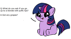 Size: 800x448 | Tagged: safe, derpibooru import, twilight sparkle, pony, unicorn, dialogue, duck song, exploitable meme, female, filly, filly twilight sparkle, filly twilight telling an offensive joke, horn, looking at you, meme, multicolored mane, multicolored tail, obligatory pony, purple coat, simple background, sitting, smiling, solo, talking to viewer, underhoof, vulgar, white background