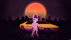 Size: 1920x1080 | Tagged: safe, artist:antylavx, artist:uponia, derpibooru import, twilight sparkle, twilight sparkle (alicorn), alicorn, bipedal, car, city, cityscape, crossed hooves, lotus esprit, moon, night, retro, smiling, solo, wallpaper