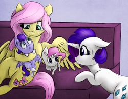 Size: 1700x1310 | Tagged: safe, artist:mylittlelevi64, fluttershy, rarity, oc, pegasus, pony, unicorn, female, flarity, floppy ears, freckles, lesbian, magical lesbian spawn, offspring, parent:fluttershy, parent:rarity, parents:flarity, shipping, sofa