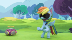 Size: 800x450 | Tagged: safe, derpibooru import, screencap, rainbow dash, pegasus, pony, dance dance, my little pony: pony life, my little pony: stop motion short, animated, bipedal, dancing, female, gif, grass, hooves up, mare, outdoors, radio, robot (dance), solo, stop motion, sunglasses, tree, wings