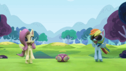 Size: 800x450 | Tagged: safe, derpibooru import, screencap, fluttershy, rainbow dash, pegasus, pony, dance dance, my little pony: pony life, my little pony: stop motion short, animated, dancing, gif, grass, looking at each other, outdoors, radio, smiling, stop motion, sunglasses, tree, wings