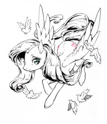 Size: 730x850 | Tagged: safe, artist:kutty-sark, fluttershy, bird, pegasus, pony, flying, lineart, looking at you, looking up, monochrome, partial color, simple background, solo, spread wings, white background