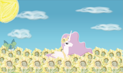 Size: 1245x743 | Tagged: safe, alternate version, artist:orochismith, derpibooru exclusive, princess celestia, alicorn, pony, blue sky, cute, cutelestia, digital art, flower, innocent, pink-mane celestia, sunflower