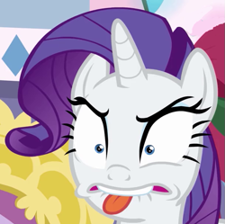 Size: 607x604 | Tagged: safe, screencap, rarity, pony, unicorn, hearth's warming shorts, mystery voice, annoyed, biting, cropped, disgusted, funny face, solo, tongue bite, tongue out