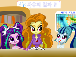 Size: 1600x1200 | Tagged: safe, artist:lovehtf421, adagio dazzle, aria blaze, sonata dusk, equestria girls, annoyed, clothes, grin, hoodie, korean, lipstick, mamadagio, sleeveless, tanktop, the dazzlings