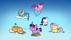 Size: 3072x1728 | Tagged: safe, artist:magfen, derpibooru import, applejack, fluttershy, pinkie pie, rainbow dash, rarity, twilight sparkle, unicorn twilight, butterfly, earth pony, pegasus, pony, unicorn, :3, :i, apple, balloon, behaving like a cat, book, c:, chibi, cloud, cute, diamond, dot eyes, food, mane six, on a cloud, on back, prone, simple background, sitting, smiling, wallpaper