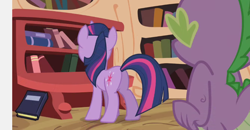 Size: 982x511 | Tagged: safe, derpibooru import, screencap, spike, twilight sparkle, dragon, pony, back of head, female, mare, plot