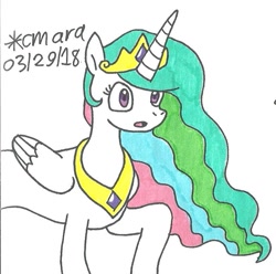 Size: 783x778 | Tagged: safe, artist:cmara, princess celestia, alicorn, pony, female, horn, mare, multicolored mane, solo, traditional art, white coat