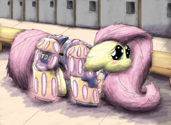 Size: 5521x4034 | Tagged: safe, artist:firefanatic, fluttershy, pegasus, pony, :t, about to cry, absurd resolution, armor, blushing, crying, cute, disturbing, embarrassed, fluffy, impossibly large ears, locker room, messy mane, nightmare fuel, scrunchy face, solo