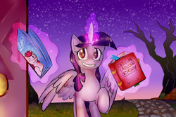 Size: 1500x1000 | Tagged: safe, artist:nessacity, derpibooru import, twilight sparkle, twilight sparkle (alicorn), alicorn, pony, adorkable, book, cute, dork, female, grin, looking at you, magic, mare, raised hoof, smiling, solo, spread wings, telekinesis, that pony sure does love books