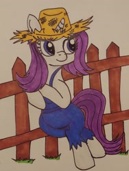 Size: 1938x2579 | Tagged: safe, artist:iffoundreturntorarity, rarity, pony, unicorn, simple ways, clothes, fence, leaning, rarihick, traditional art