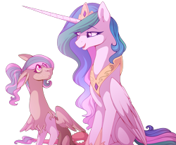 Size: 1387x1137 | Tagged: safe, artist:uunicornicc, princess celestia, oc, oc:maledic, alicorn, draconequus, hybrid, pony, draconequus oc, duo, female, interspecies offspring, jewelry, long horn, looking at each other, mare, next generation, offspring, parent:discord, parent:princess celestia, parents:dislestia, regalia, simple background, sitting, spread wings, talking, transparent background, wings