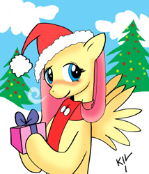 Size: 1024x1198 | Tagged: safe, artist:koku-chan, fluttershy, pegasus, pony, blushing, christmas lights, christmas tree, clothes, cloud, hat, hearth's warming eve, present, remake, santa hat, scarf, signature, snow, solo, tree