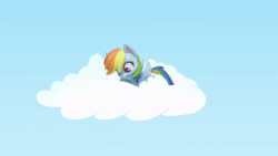 Size: 800x450 | Tagged: safe, derpibooru import, screencap, rainbow dash, pegasus, pony, dance dance, my little pony: pony life, my little pony: stop motion short, animated, blinking, cloud, gif, looking at something, shocked, sitting up, solo, stop motion, wings