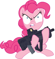 Size: 5748x6140 | Tagged: safe, artist:evilbob0, pinkie pie, earth pony, pony, absurd resolution, assault rifle, equestria is doomed, gun, imi tavor, lip bite, rifle, simple background, solo, tar-21, transparent background, weapon, xk-class end-of-the-world scenario