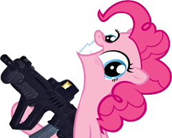 Size: 2452x1975 | Tagged: safe, artist:evilbob0, pinkie pie, earth pony, pony, assault rifle, equestria is doomed, gun, imi tavor, rifle, simple background, slasher smile, solo, tar-21, transparent background, weapon, xk-class end-of-the-world scenario