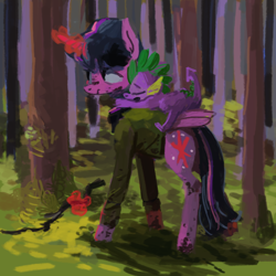 Size: 1280x1280 | Tagged: safe, artist:sterfler, derpibooru import, spike, twilight sparkle, twilight sparkle (alicorn), alicorn, dragon, pony, clothes, female, magic, mare