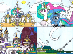 Size: 4295x3156 | Tagged: safe, artist:eternaljonathan, princess celestia, princess luna, alicorn, pony, comic:first three back, canterlot, castle, chariot, comic, drawbridge, flying, mountain, pencil drawing, royal guard, royal sisters, traditional art, waterfall