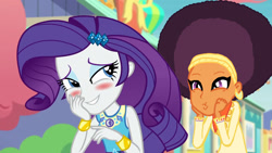 Size: 1920x1080 | Tagged: safe, artist:ktd1993, edit, edited screencap, screencap, rarity, saffron masala, better together, equestria girls, rollercoaster of friendship, afro, base used, blushing, equestria girls-ified, female, geode of shielding, lesbian, magical geodes, raffron, shipping