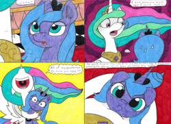 Size: 4354x3159 | Tagged: safe, artist:eternaljonathan, princess celestia, princess luna, alicorn, pony, comic:first three back, :<, canterlot, castle, comic, female, floppy ears, hug, mare, open mouth, pencil drawing, s1 luna, traditional art, uvula, worried