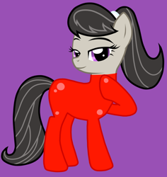 Size: 1280x1356 | Tagged: safe, artist:jennieoo, edit, octavia melody, earth pony, pony, catsuit, female, latex, latex suit, mare, ponytail, red, solo