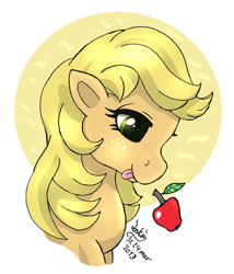 Size: 940x1100 | Tagged: safe, artist:joakaha, applejack (g1), g1, apple, obligatory apple, tongue out