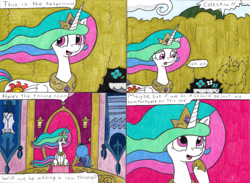 Size: 4306x3158 | Tagged: safe, artist:eternaljonathan, princess celestia, princess luna, alicorn, pony, comic:first three back, canterlot, castle, comic, female, hedge maze, lost, mare, pencil drawing, plot, royal sisters, s1 luna, sitting, throne, throne room, traditional art