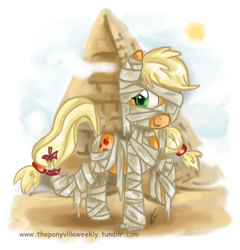 Size: 698x727 | Tagged: safe, artist:vago-xd, part of a set, applejack, earth pony, pony, apple, clothes, costume, food, mummy, nightmare night, pyramid, solo
