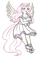 Size: 750x1000 | Tagged: safe, artist:king-kakapo, angel bunny, fluttershy, anthro, unguligrade anthro, clothes, dress, ribbon, sandals, simple background, sketch, spread wings, white background