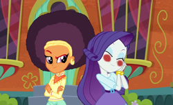 Size: 1800x1100 | Tagged: safe, artist:ktd1993, rarity, saffron masala, equestria girls, afro, blouse, blushing, equestria girls-ified, female, kurta, lesbian, miniskirt, raffron, shipping, skirt, the tasty treat