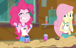 Size: 787x496 | Tagged: safe, screencap, fluttershy, pinkie pie, equestria girls, legend of everfree, legend of everfree - bloopers, blooper, camp everfree, camp everfree logo, clothes, faic, female, food, giggling, laughing, sleeveless, sprinkles, tanktop, water