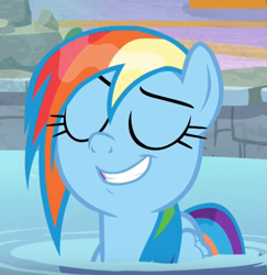 Size: 661x680 | Tagged: safe, derpibooru import, screencap, rainbow dash, pegasus, pony, spoiler:deep tissue memories, cropped, deep tissue memories, eyes closed, faic, smiling, solo, swimming pool, wet mane