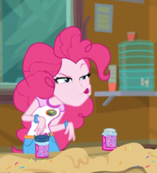 Size: 460x507 | Tagged: safe, screencap, pinkie pie, equestria girls, legend of everfree, legend of everfree - bloopers, blooper, camp everfree, camp everfree logo, container, duckface, faic, female, food, great moments in animation, o-face, solo, solo focus, sprinkles, water