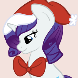 Size: 2100x2100 | Tagged: safe, artist:lannielona, rarity, pony, unicorn, alternate hairstyle, bow, bust, christmas, female, hat, holiday, looking down, mare, portrait, ribbon, santa hat, simple background, solo, ych result