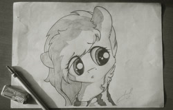 Size: 2074x1326 | Tagged: safe, artist:freeedon, fluttershy, pegasus, pony, bust, clothes, eraser, monochrome, pencil, portrait, solo, traditional art