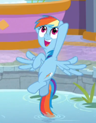 Size: 381x487 | Tagged: safe, derpibooru import, screencap, rainbow dash, pegasus, pony, spoiler:deep tissue memories, spoiler:mlp friendship is forever, animation error, cropped, cute, dashabetes, deep tissue memories, flying, open mouth, solo, spread wings, swimming pool, wings