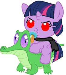 Size: 786x897 | Tagged: safe, artist:red4567, gummy, twilight sparkle, twilight sparkle (alicorn), alicorn, pony, ponies of dark water, babylight sparkle, cute, evil, evil twilight, ponies riding gators, pure unfiltered evil, riding, twiabetes, tyrant sparkle