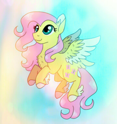 Size: 1229x1297 | Tagged: safe, artist:sweetheart-arts, fluttershy, pegasus, pony, chest fluff, colored wings, flying, looking up, sky, smiling, solo, spread wings, tail feathers, winged hooves, wings