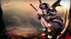 Size: 1980x1080 | Tagged: safe, artist:vipeydashie, derpibooru import, edit, twilight sparkle, twilight sparkle (alicorn), alicorn, bat pony, bat pony alicorn, semi-anthro, bat ponified, race swap, twibat, wallpaper, wallpaper edit