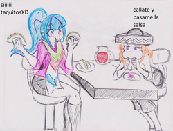 Size: 2673x2031 | Tagged: safe, artist:orochivanus, adagio dazzle, sonata dusk, equestria girls, blushing, food, hat, sonataco, spanish, taco, traditional art, translated in the description