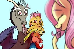 Size: 1024x683 | Tagged: safe, artist:loryska, discord, fluttershy, oc, oc:larkspur, hybrid, pegasus, pony, discoshy, eyes closed, floppy ears, holding a pony, interspecies offspring, male, offspring, open mouth, parent:discord, parent:fluttershy, parents:discoshy, shipping, simple background, smiling, straight, tongue out